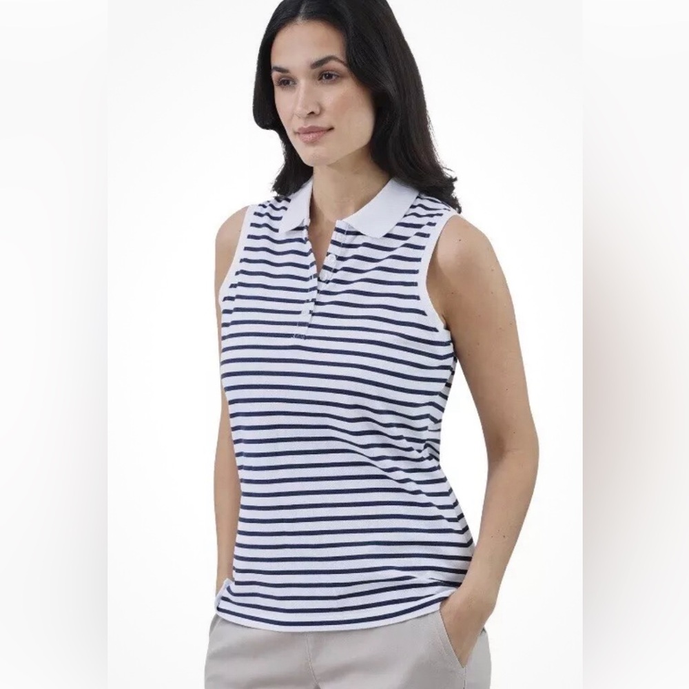 CHAPS Womens Sleeveless Polo Shirt Size Large Navy & White Striped New